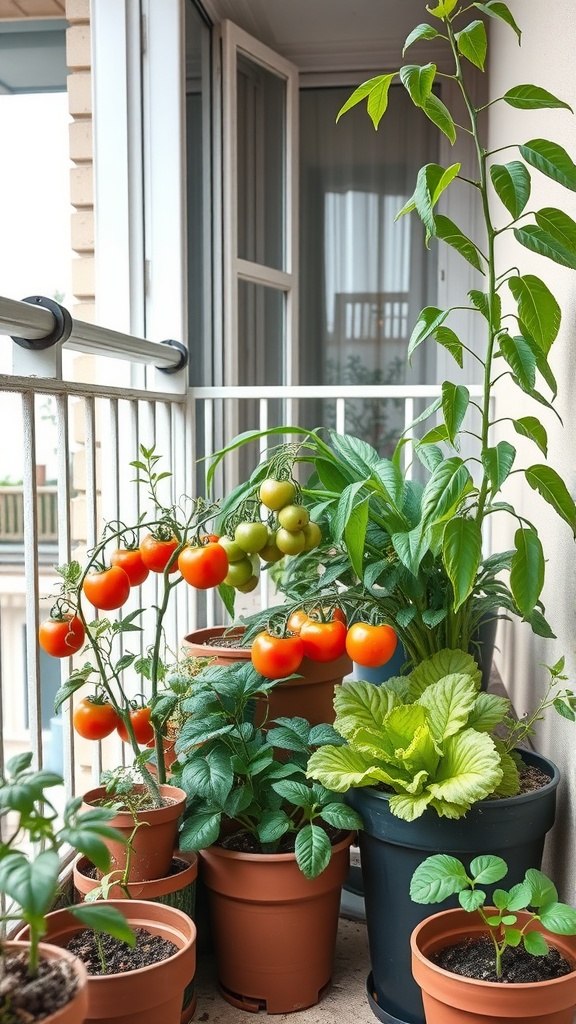 A balcony garden featuring various edible plants like tomatoes, peppers, and lettuce in pots.