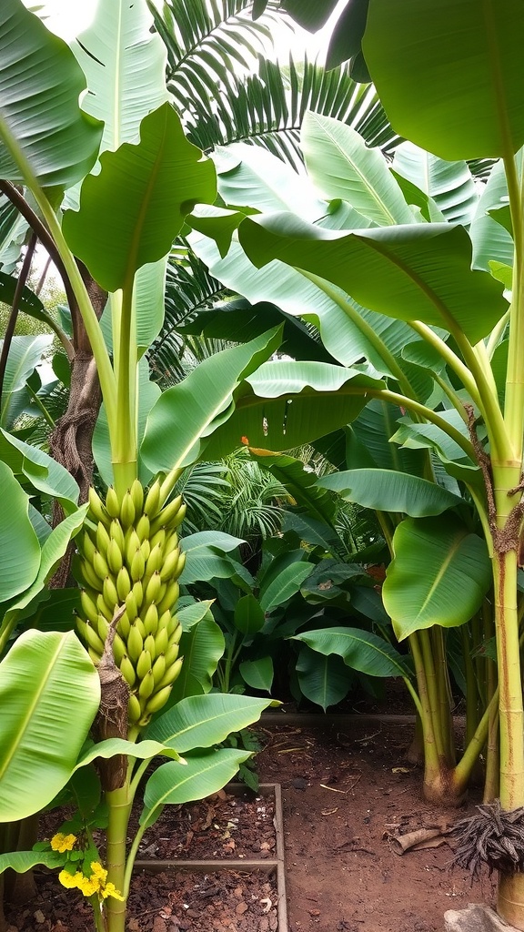 A tropical garden featuring a bunch of green bananas among large leaves.