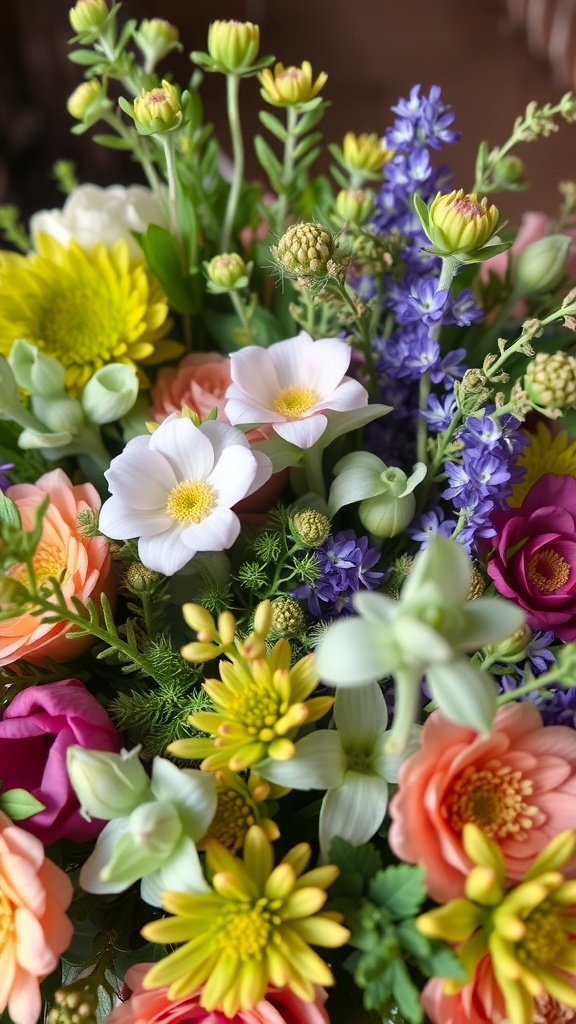 A colorful arrangement of flowers and greenery showcasing various blooms and foliage.