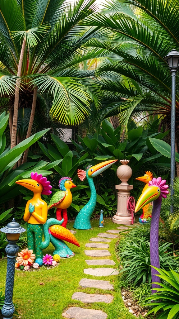 Colorful bird sculptures in a tropical garden surrounded by lush greenery.