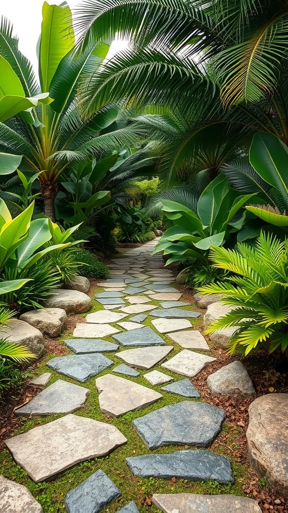 A stone pathway surrounded by lush tropical plants