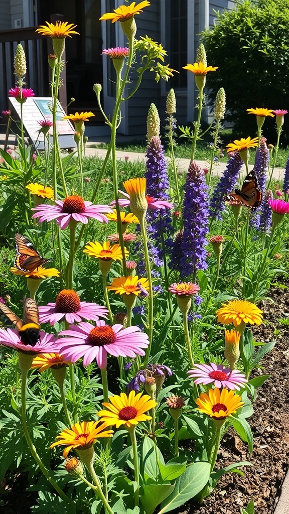 A colorful garden filled with native flowers attracting butterflies.