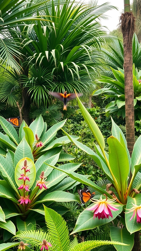 A vibrant tropical garden with large green leaves and colorful flowers, featuring butterflies.