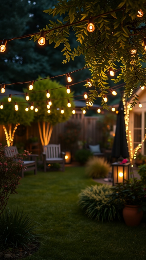 A beautifully lit backyard with string lights and lanterns, creating a cozy atmosphere.
