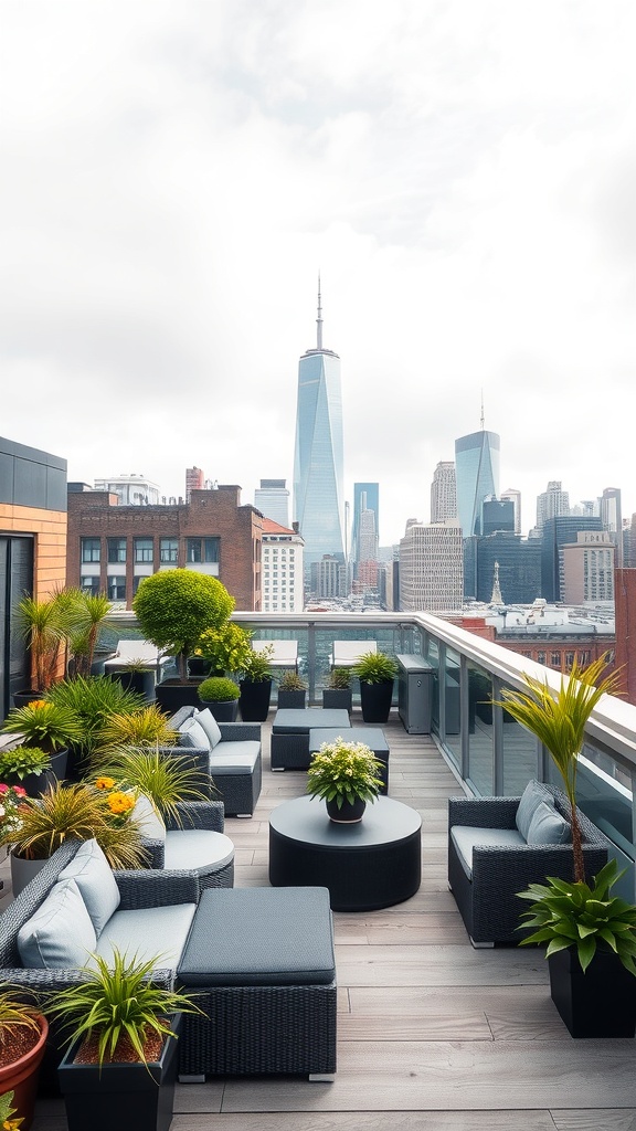 A stylish roof garden with comfortable seating and a view of the city skyline.