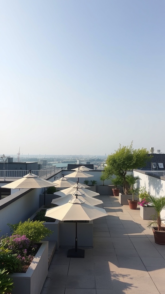 A rooftop garden with several umbrellas providing shade, surrounded by potted plants.