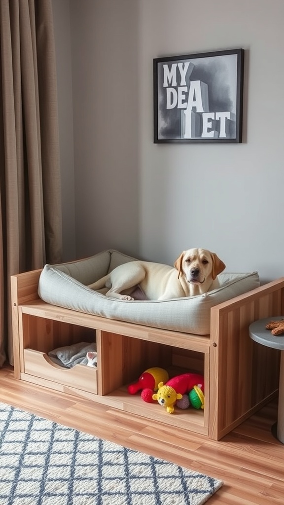 A stylish elevated dog bed with built-in storage underneath, featuring a dog resting on it and toys stored below.