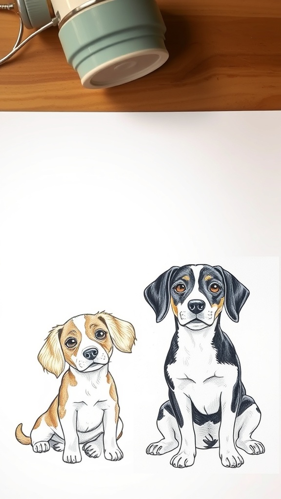 Illustration of two dogs, one with floppy ears and a playful expression, the other with a sleek coat and alert posture.