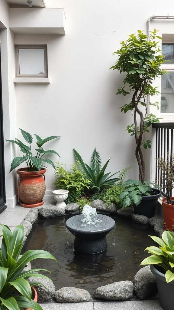 A small balcony garden featuring a fountain surrounded by various plants in pots.