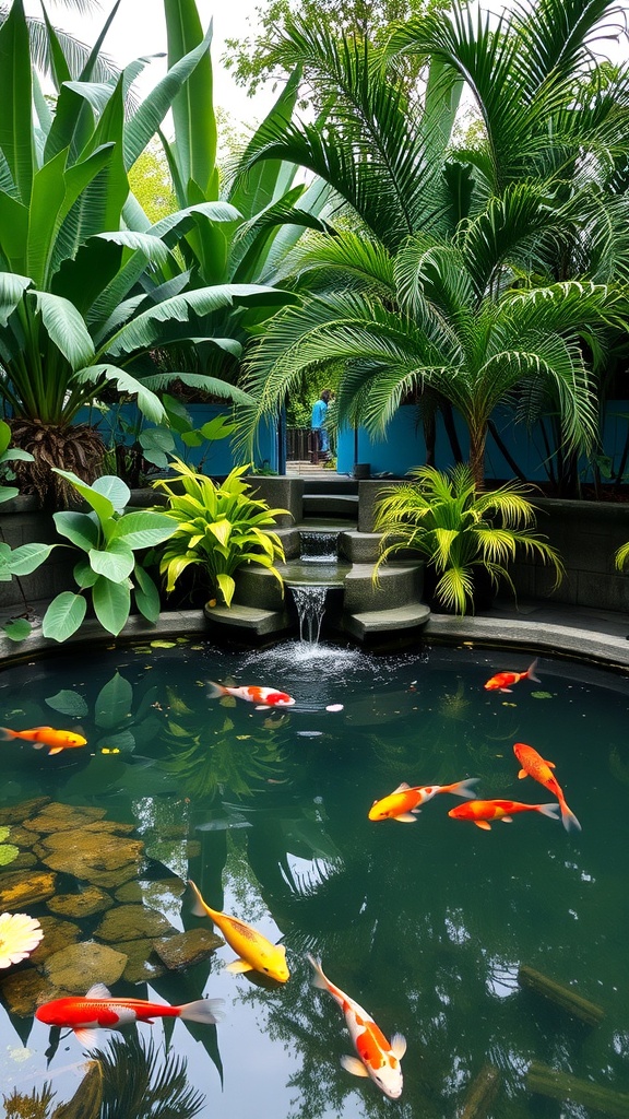 A tropical garden featuring a pond with koi fish and lush green plants.