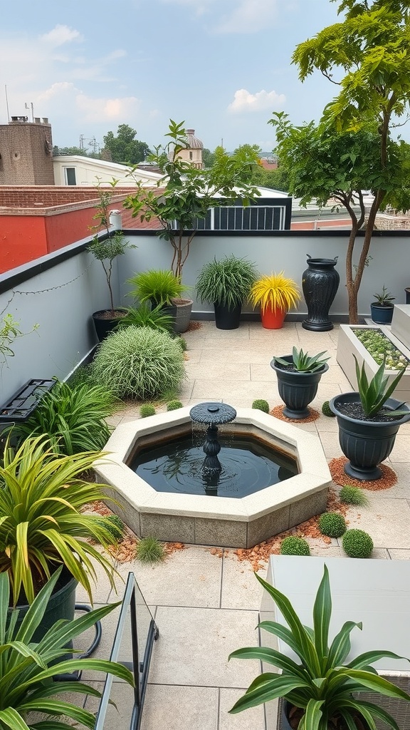 A rooftop garden featuring an octagonal fountain surrounded by various plants in pots.