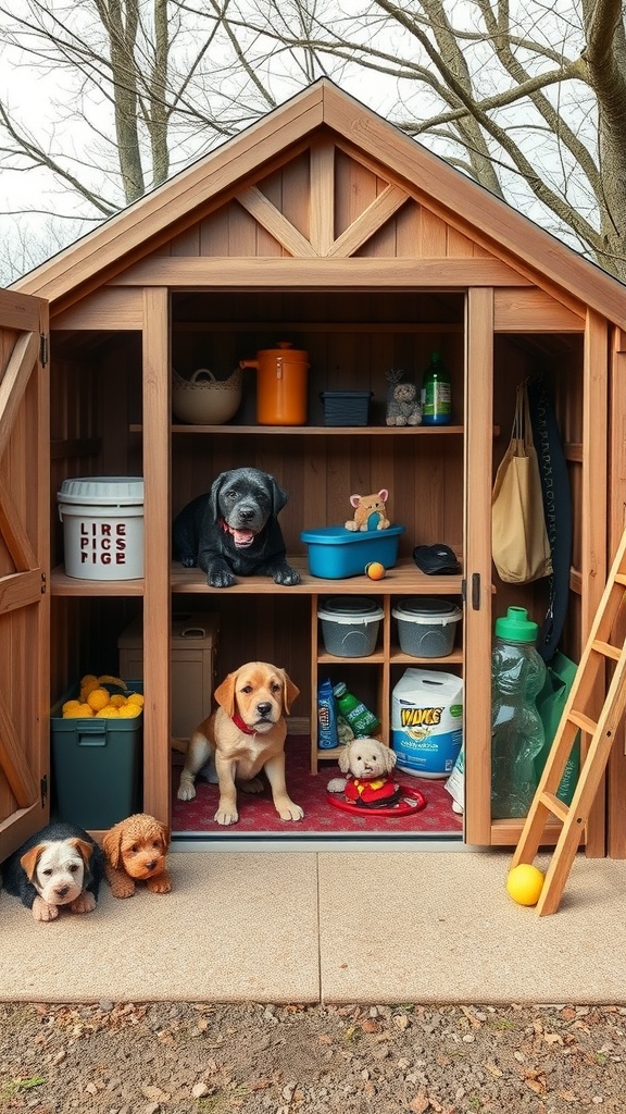 A wooden storage shed with dogs sitting inside and various items organized on shelves.