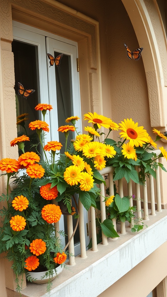 A balcony adorned with vibrant marigolds and sunflowers, attracting butterflies.