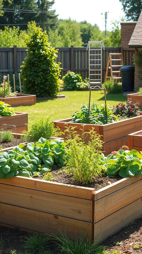 A sunny backyard with several raised garden beds filled with various plants and vegetables.
