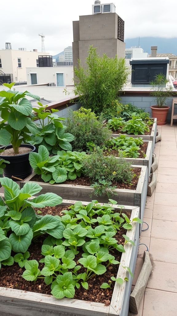 A rooftop garden with various edible plants and herbs in raised beds.