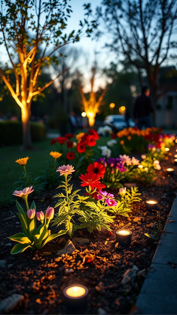 A flower bed with colorful flowers illuminated by soft lights at dusk.
