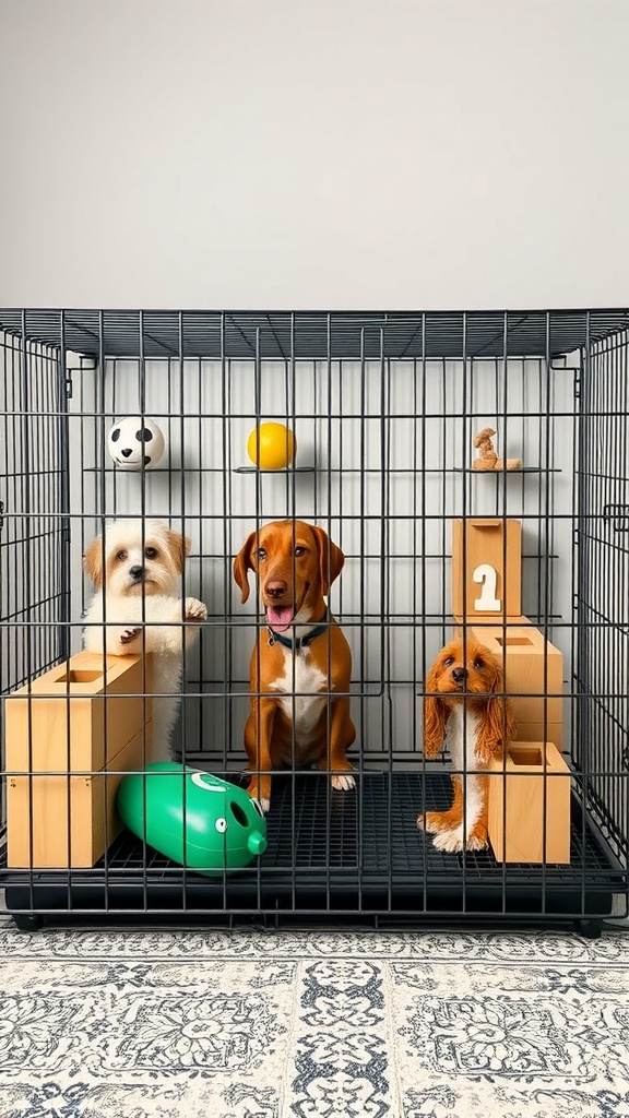 Three dogs inside an interactive crate with toys