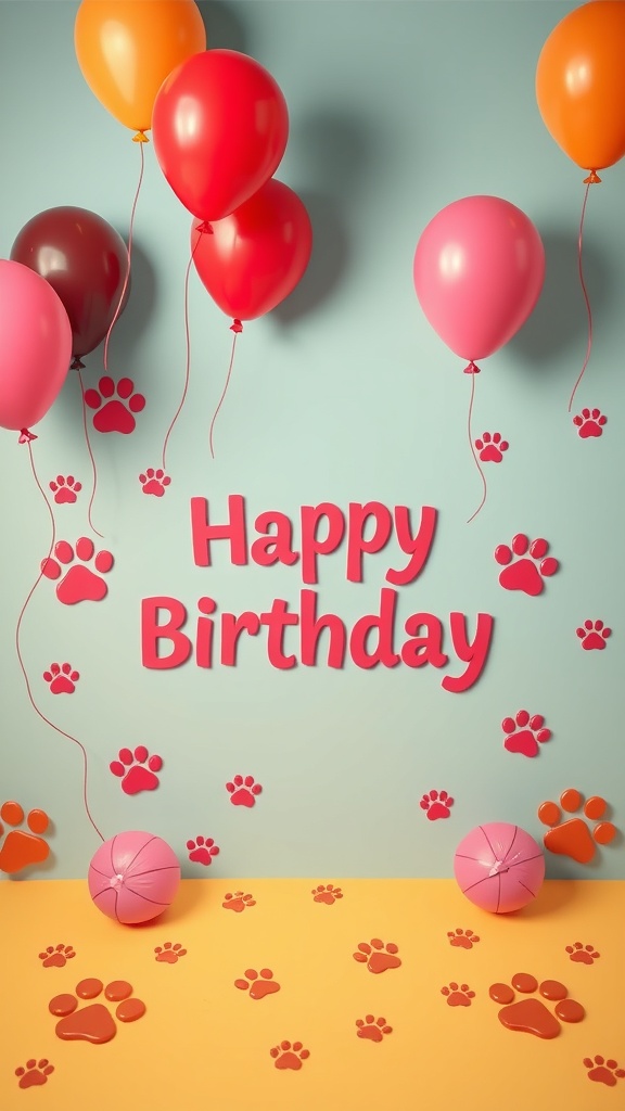 Colorful birthday decorations with balloons and paw prints for a dog birthday party