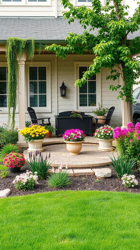 A cozy outdoor seating area with chairs and a table surrounded by colorful flowers and greenery.
