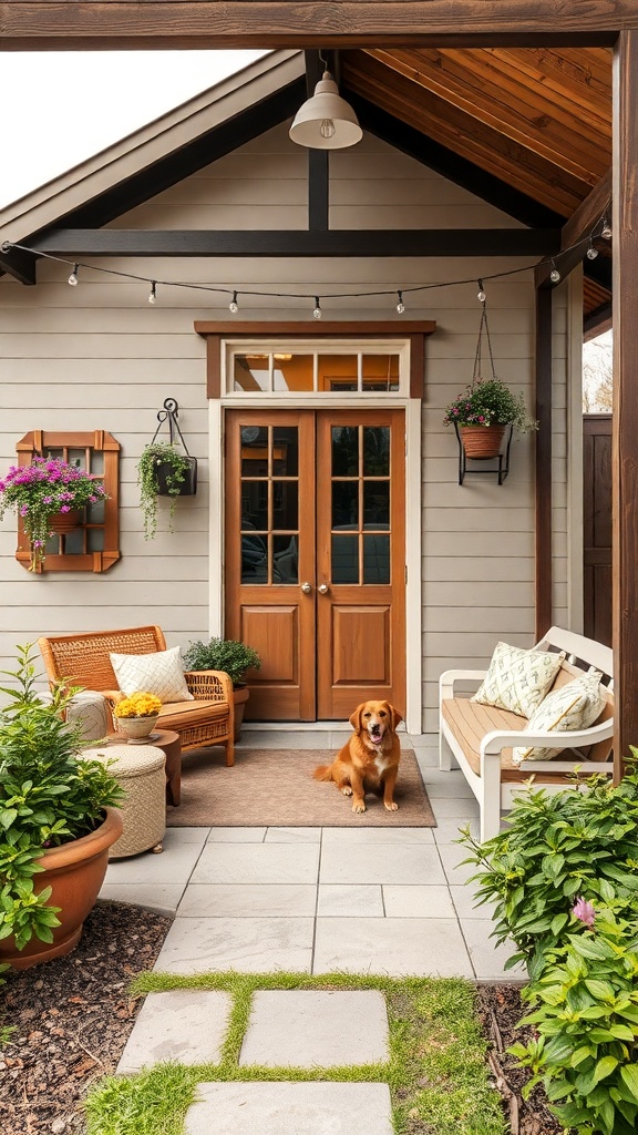 A welcoming outdoor space with a golden retriever, wooden doors, and cozy seating.