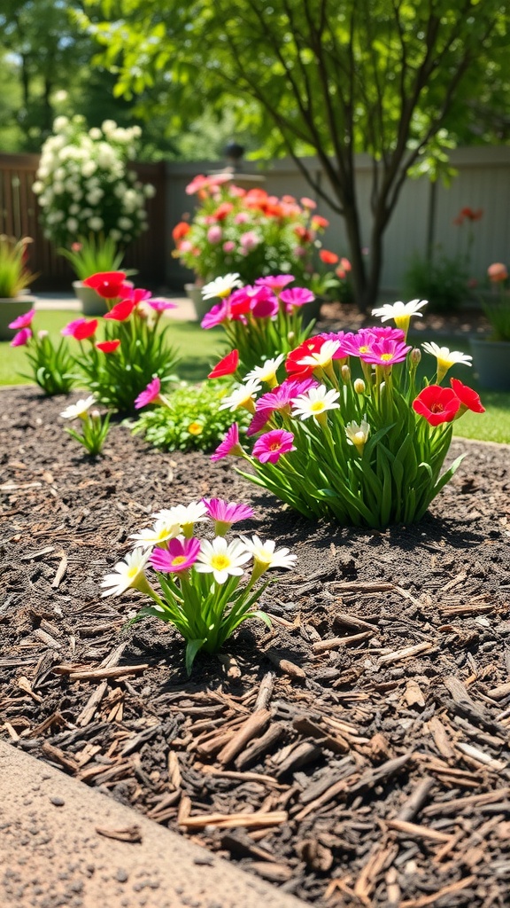 Colorful flowers growing in a garden bed with fresh mulch.