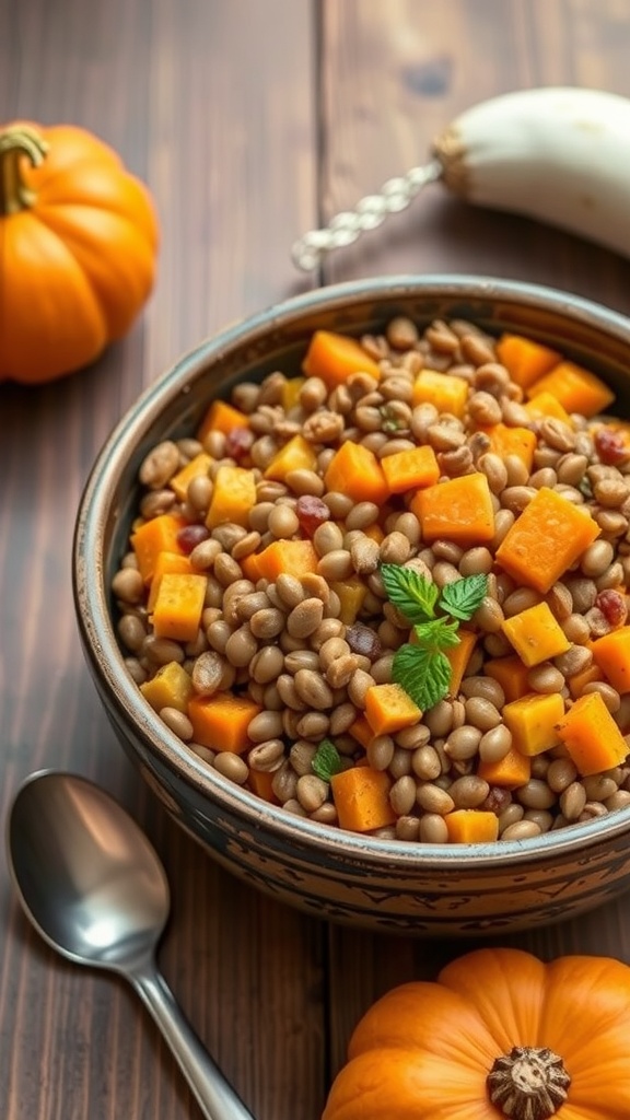 A bowl of lentil and pumpkin medley with fresh mint, surrounded by pumpkins on a wooden table.