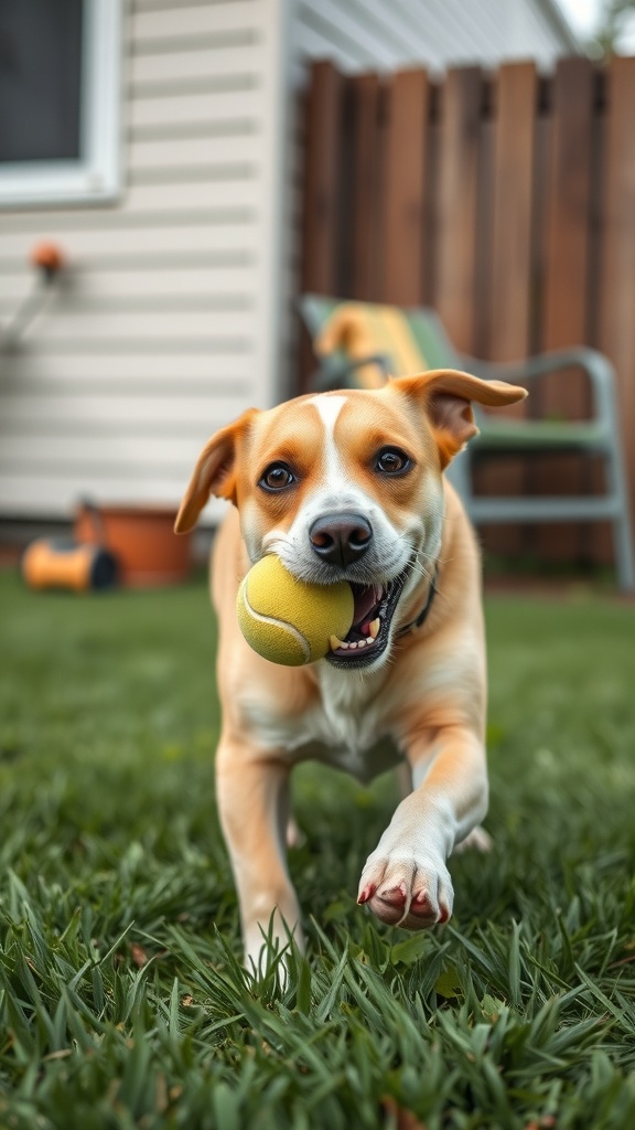 A happy dog running with a tennis ball in its mouth, playing in the grass.