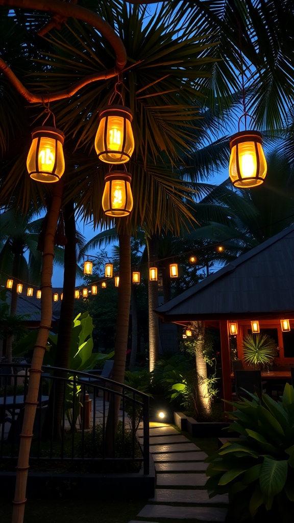 A tropical garden illuminated by hanging lanterns and string lights at dusk.