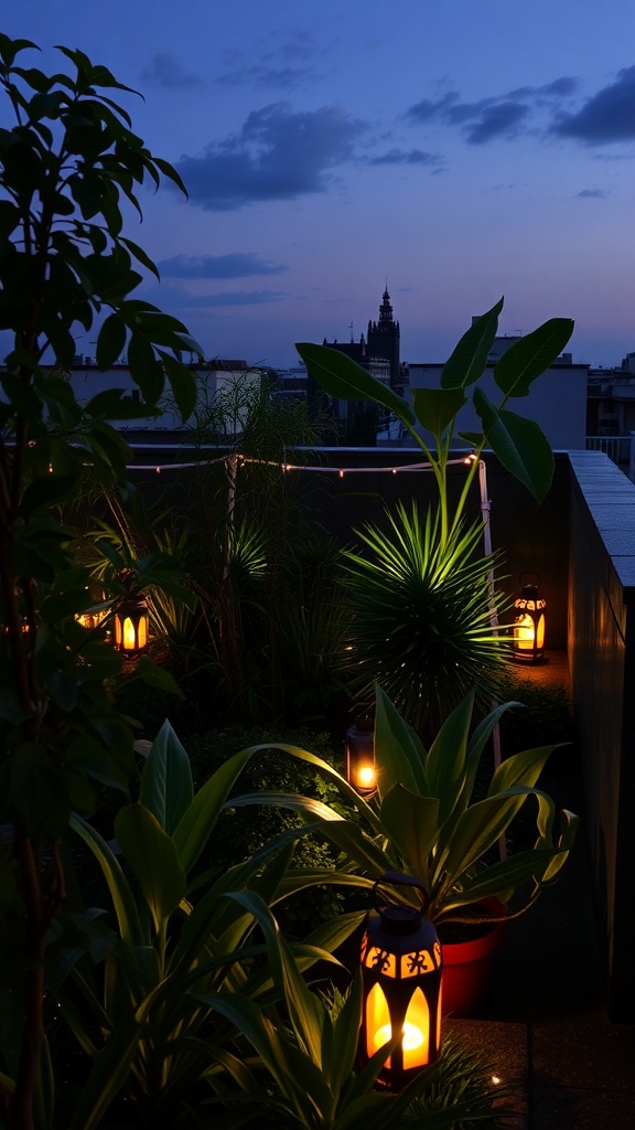 A beautifully lit roof garden at dusk, featuring glowing lanterns among lush plants.