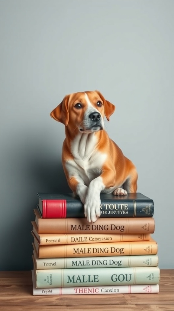 A dog resting on a stack of books, symbolizing literary male dog names.
