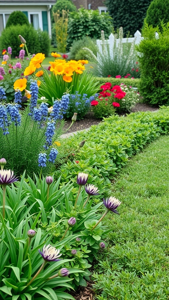 A vibrant garden with colorful flowers and lush greenery, showcasing living plant edging.