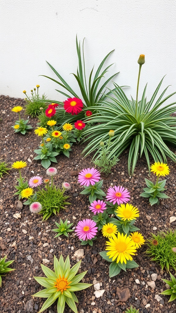 A colorful low-maintenance flower bed featuring yellow, pink, and red flowers against a white wall.