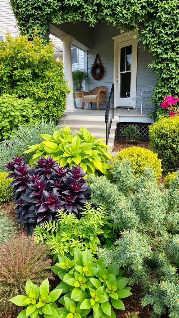 A vibrant garden with various plants in front of a house, showcasing lush greenery and colorful foliage.