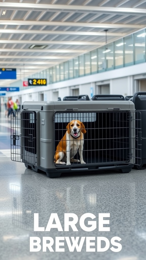 A large dog crate at an airport with a happy dog inside.