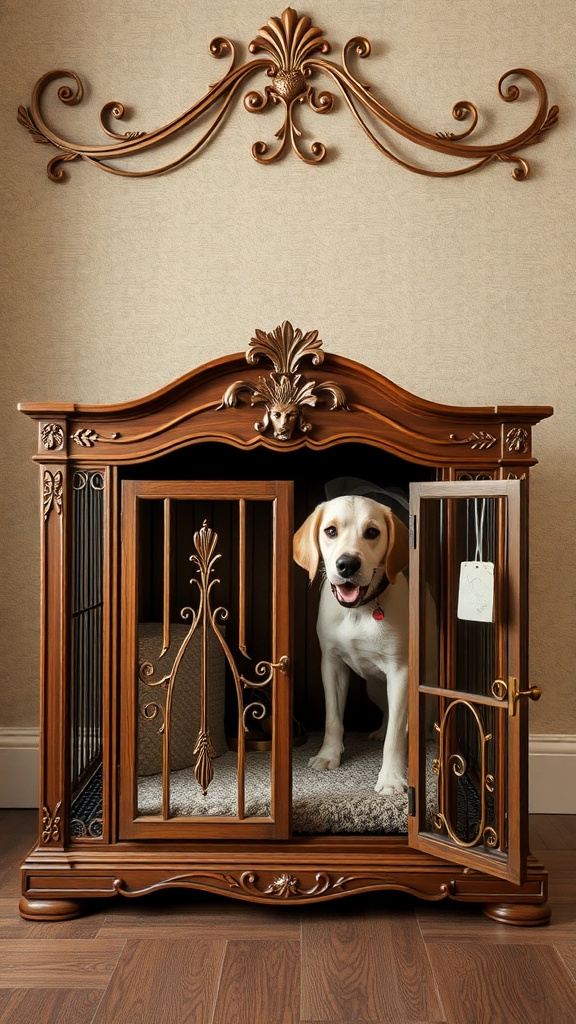A luxurious wooden dog crate with intricate designs and a happy dog inside.
