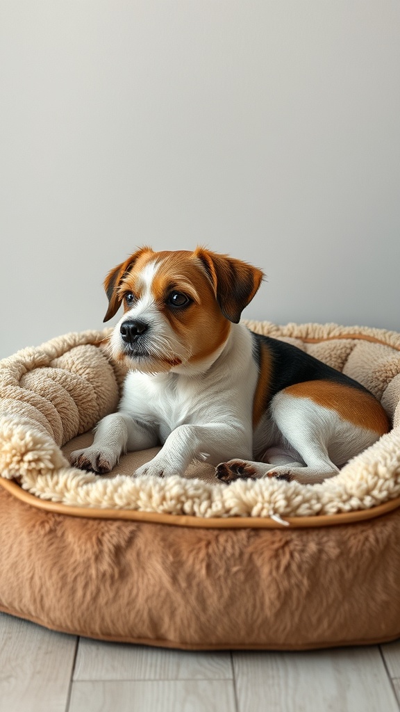 A small dog relaxing in a plush, cozy dog bed.