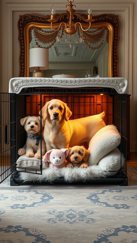 A luxury dog crate with bedding, featuring three dogs comfortably resting inside, surrounded by elegant home decor.