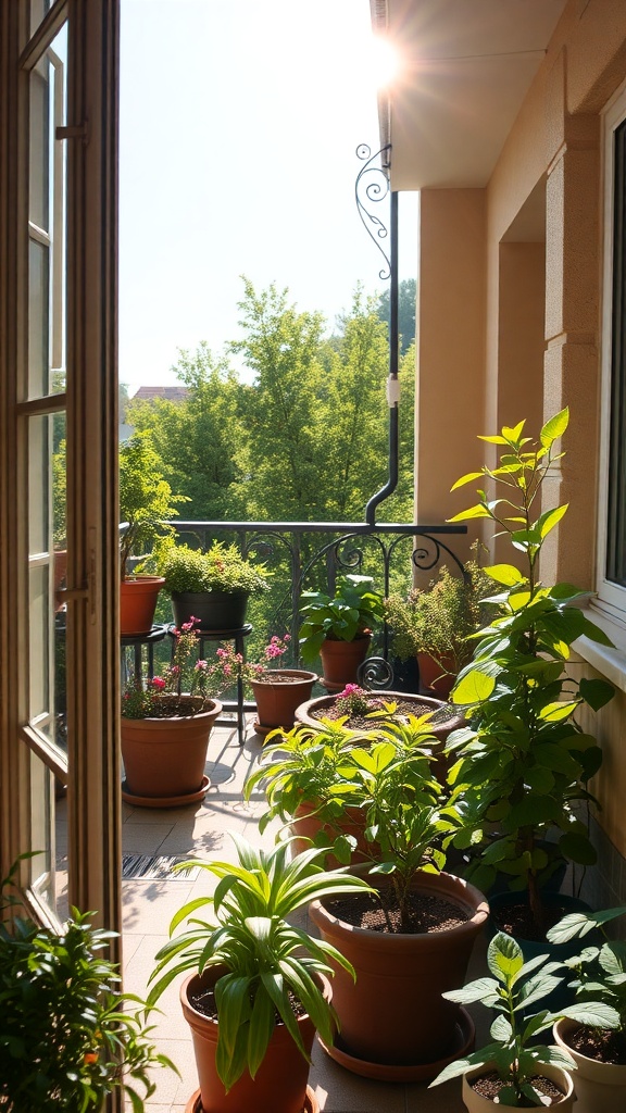 A sunny balcony garden filled with various potted plants.