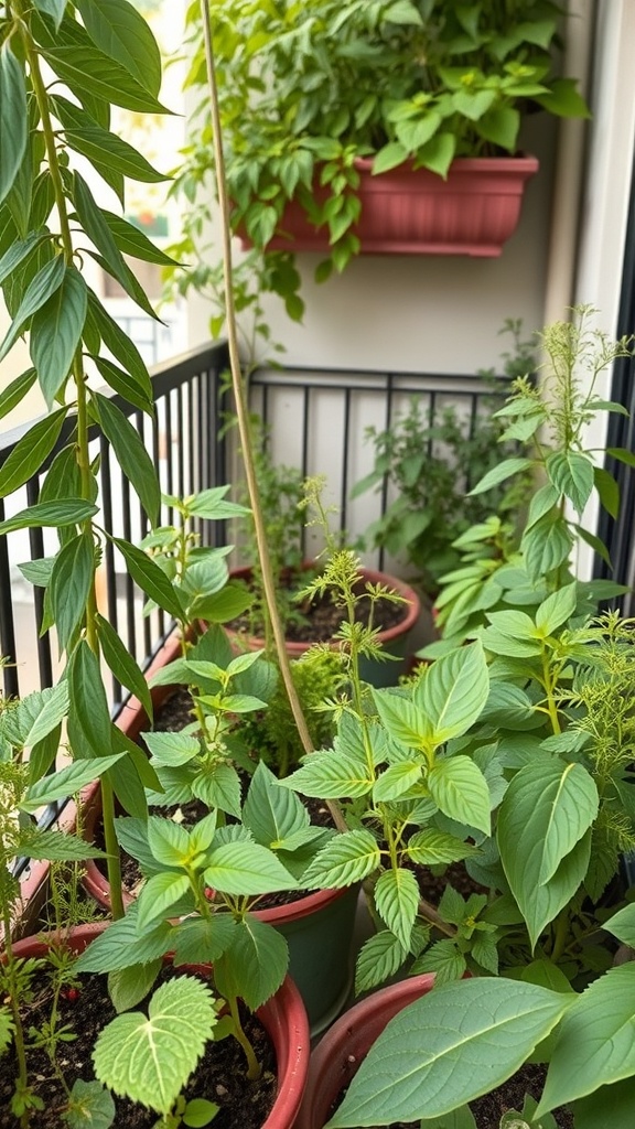 A tiny balcony garden filled with various potted plants, showcasing a green and vibrant space.