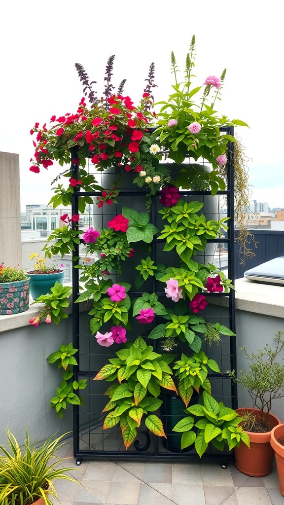 A vertical garden with colorful flowers and greenery on a rooftop.
