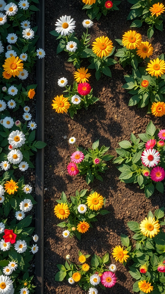 A colorful layout of various flowers in a cut flower garden, showcasing different blooms and healthy foliage.