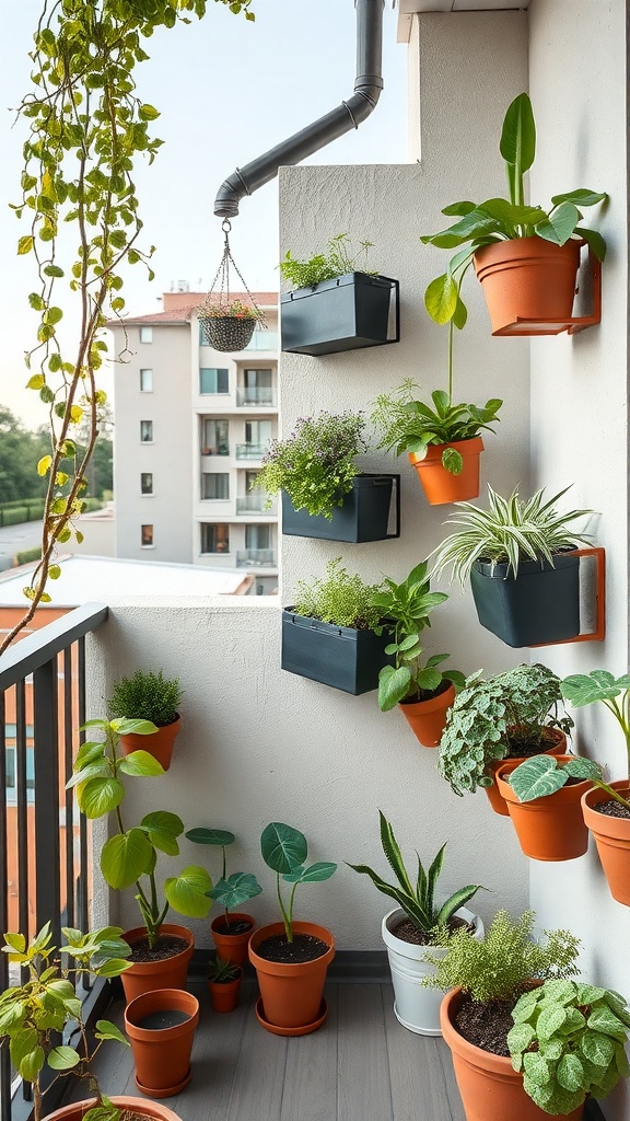 A small balcony garden with various plants in pots, utilizing vertical space with wall-mounted planters.