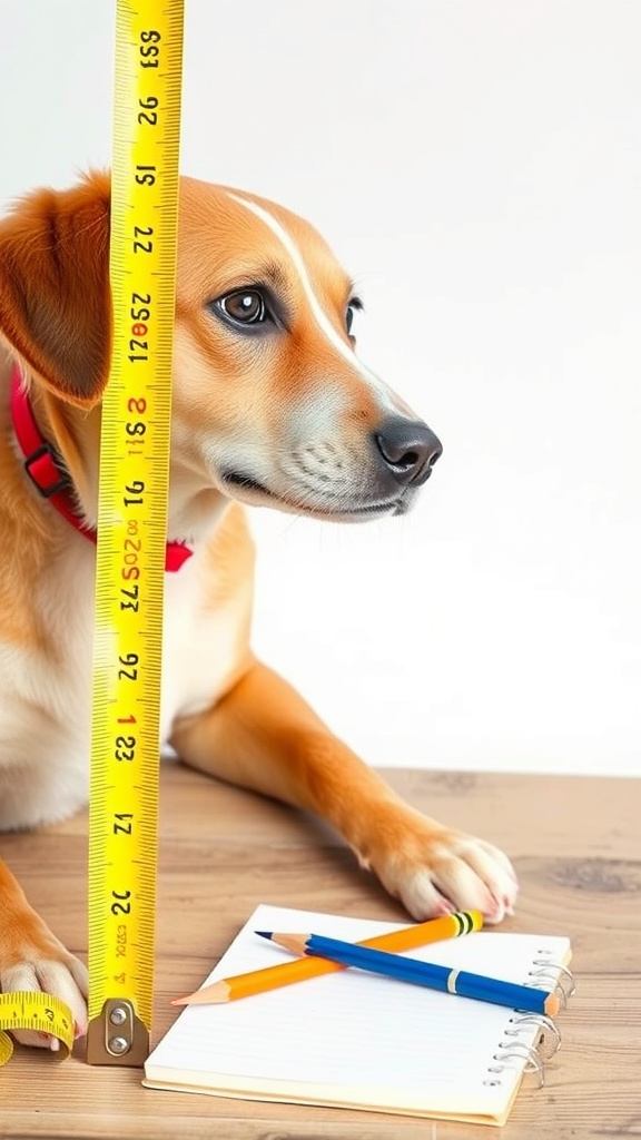 A dog being measured with a tape measure next to a notebook and colored pencils.