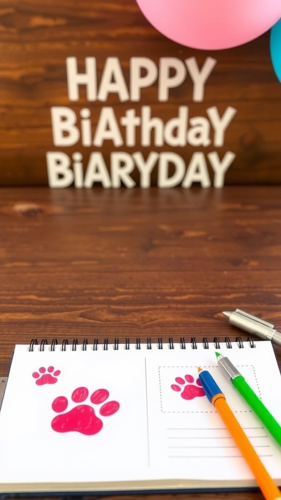 A guest book for a dog birthday party with paw prints and colorful pens.