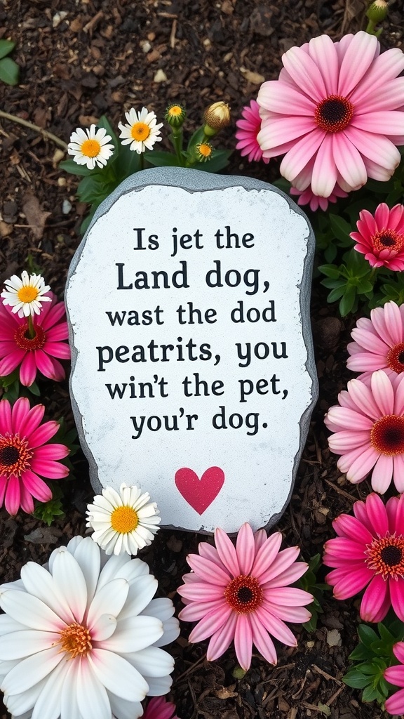 A memorial garden stone surrounded by colorful flowers, featuring a heartfelt message about a dog.