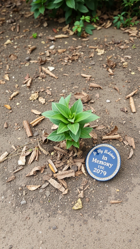 A young plant with a memorial stone nearby, set in a garden with mulch.