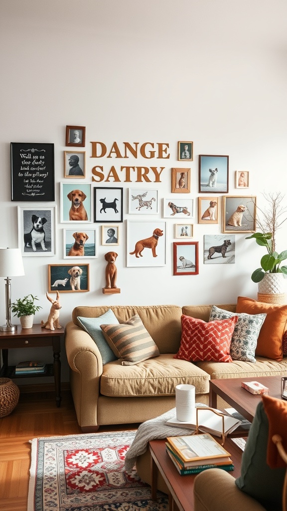 A cozy living room featuring a memory wall collage dedicated to dogs, with framed pictures and decorative elements.