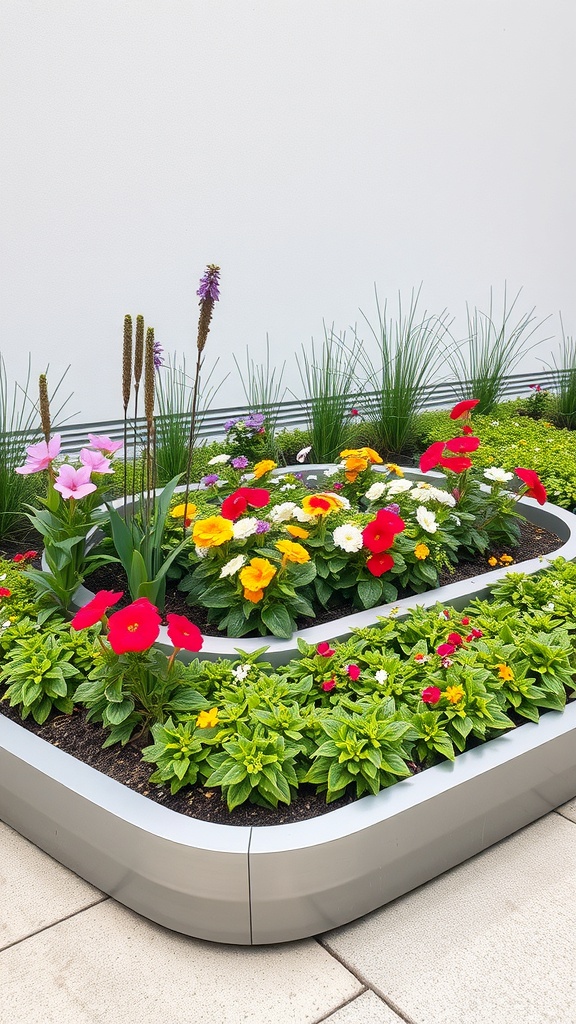 A modern flower bed with colorful flowers bordered by sleek metal edging.