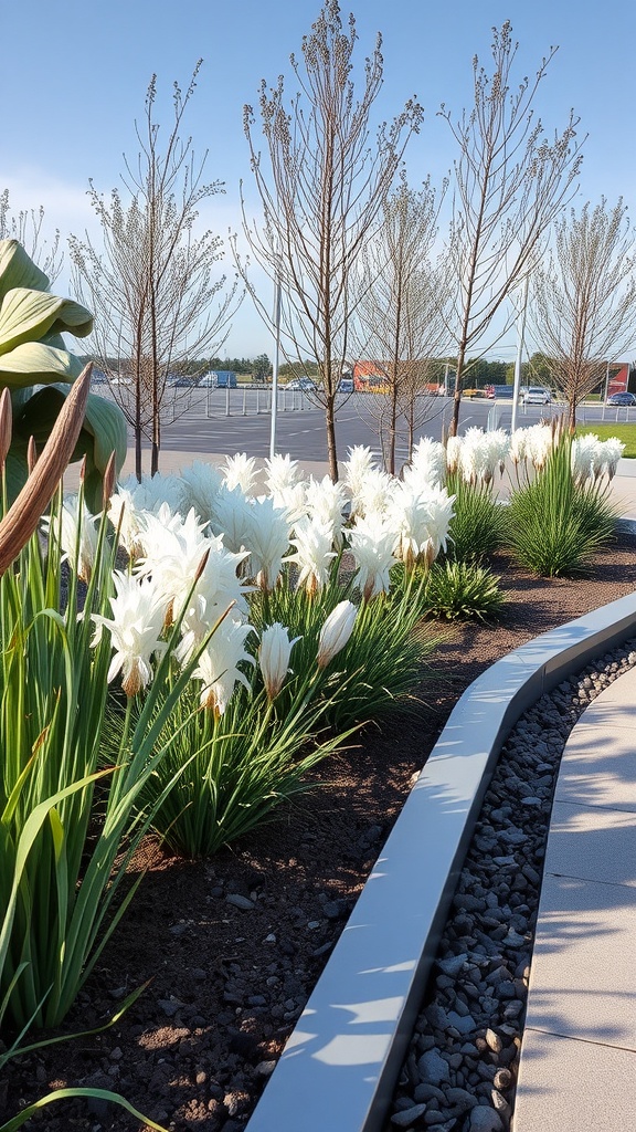 A garden with white flowers and green grasses bordered by sleek metal edging.