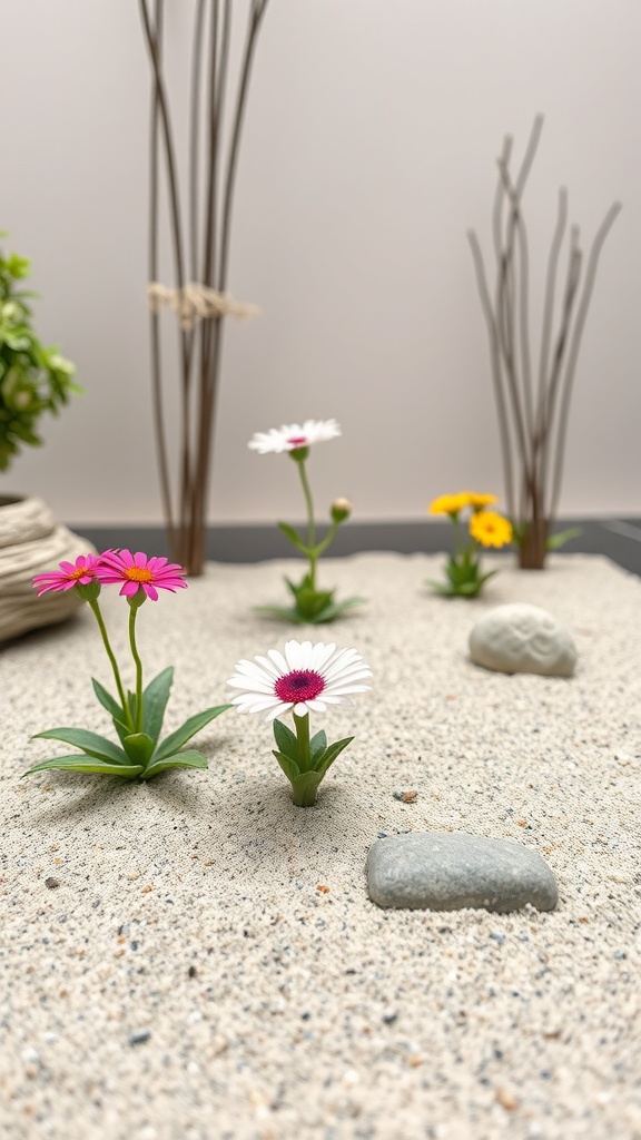 A mini Zen garden with colorful flowers, sand, and stones.